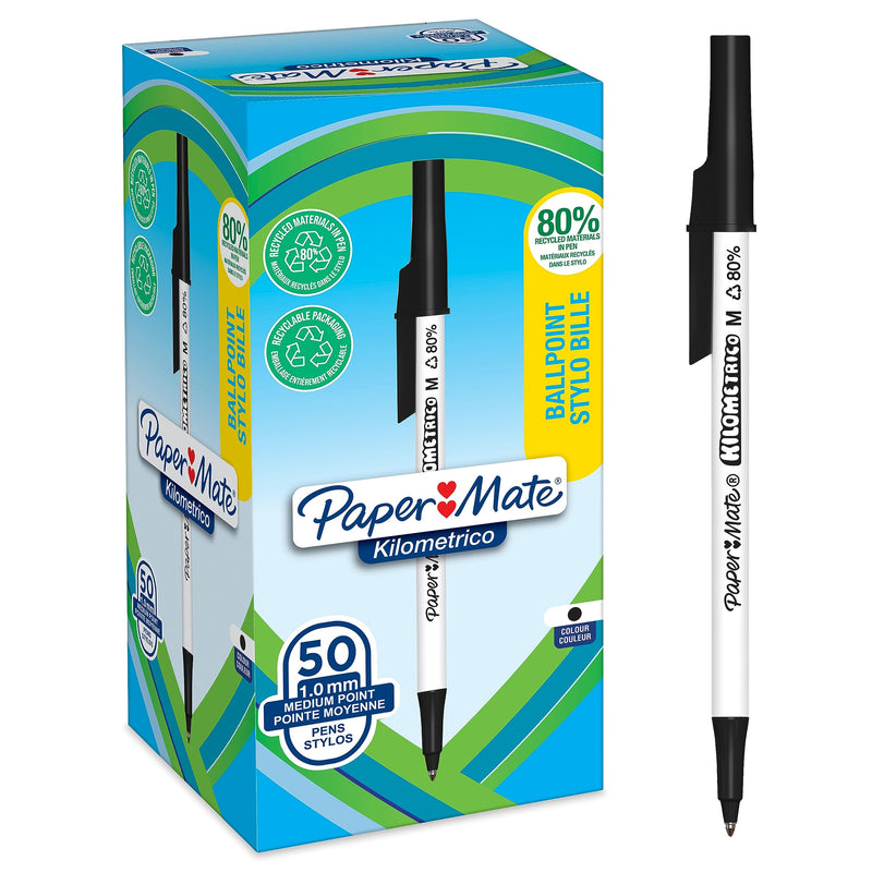 Paper Mate Kilometrico Ballpoint Pens | Long Writing with Medium Point (1.0mm) | Black Ink | 80% Recycled Plastic | 50 Count