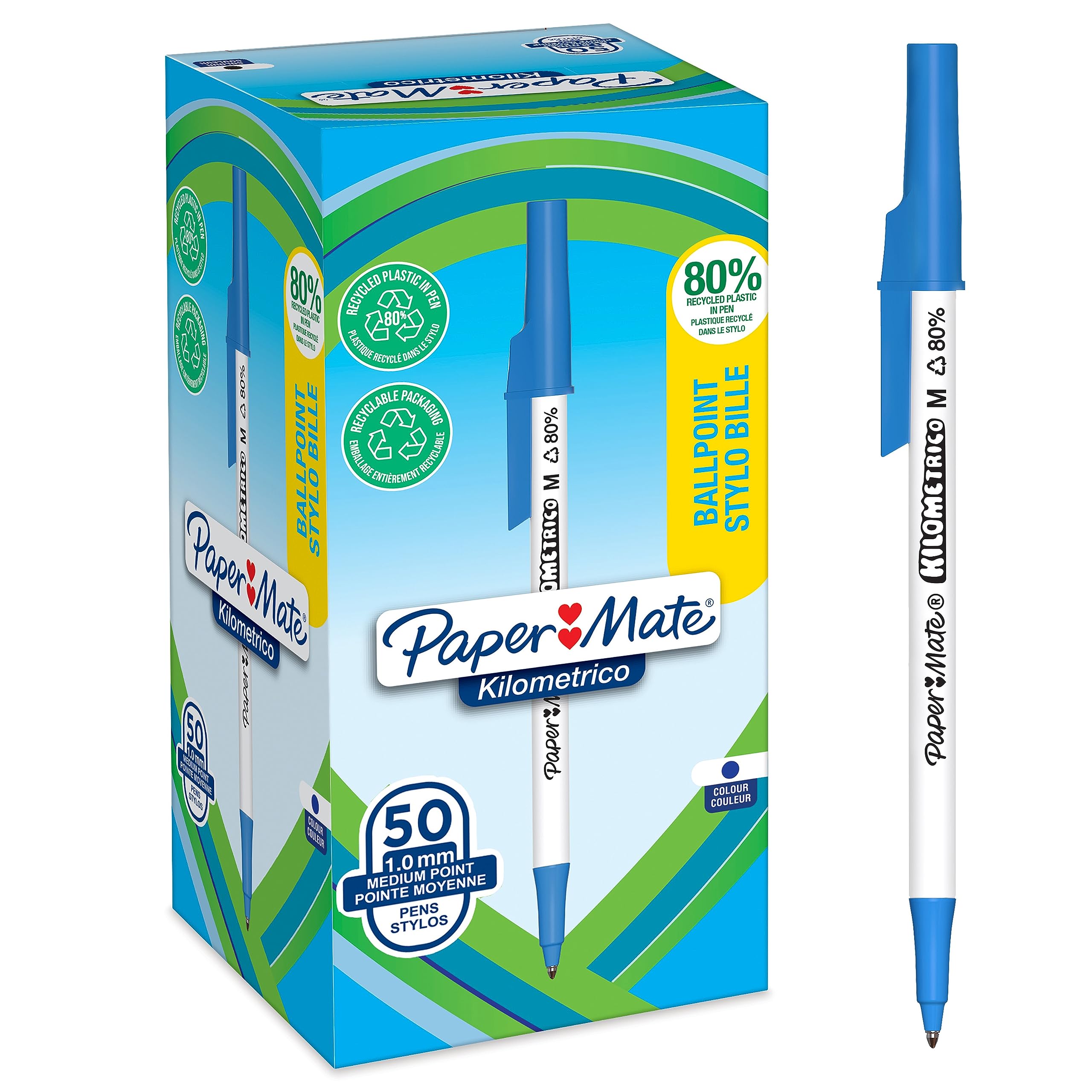 Paper Mate Kilometrico Ballpoint Pens | Long Writing with Medium Point (1.0mm) | Blue Ink | 80% Recycled Plastic | 50 Count