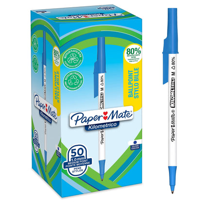 Paper Mate Kilometrico Ballpoint Pens | Long Writing with Medium Point (1.0mm) | Blue Ink | 80% Recycled Plastic | 50 Count