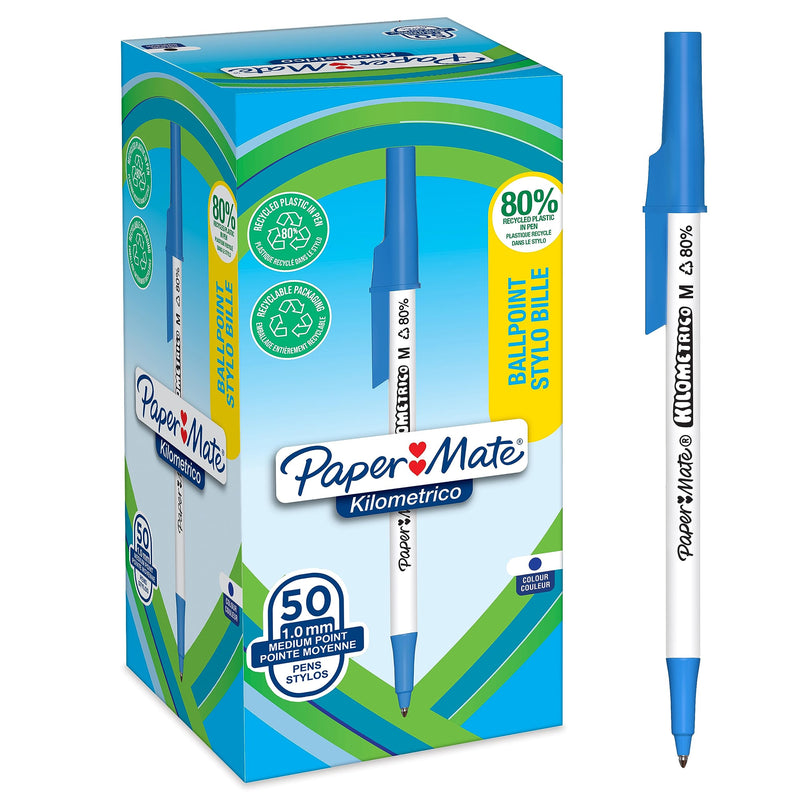 Paper Mate Kilometrico Ballpoint Pens | Long Writing with Medium Point (1.0mm) | Blue Ink | 80% Recycled Plastic | 50 Count