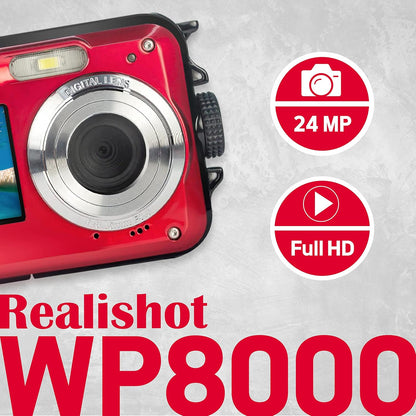 Agfa WP8000RD PHOTO Realishot WP8000 Waterproof Digital Camera, 24 MP, Full HD Video, Dual LCD Screen, 16x Digital Zoom, Digital Stabilizer, Lithium Battery, Red