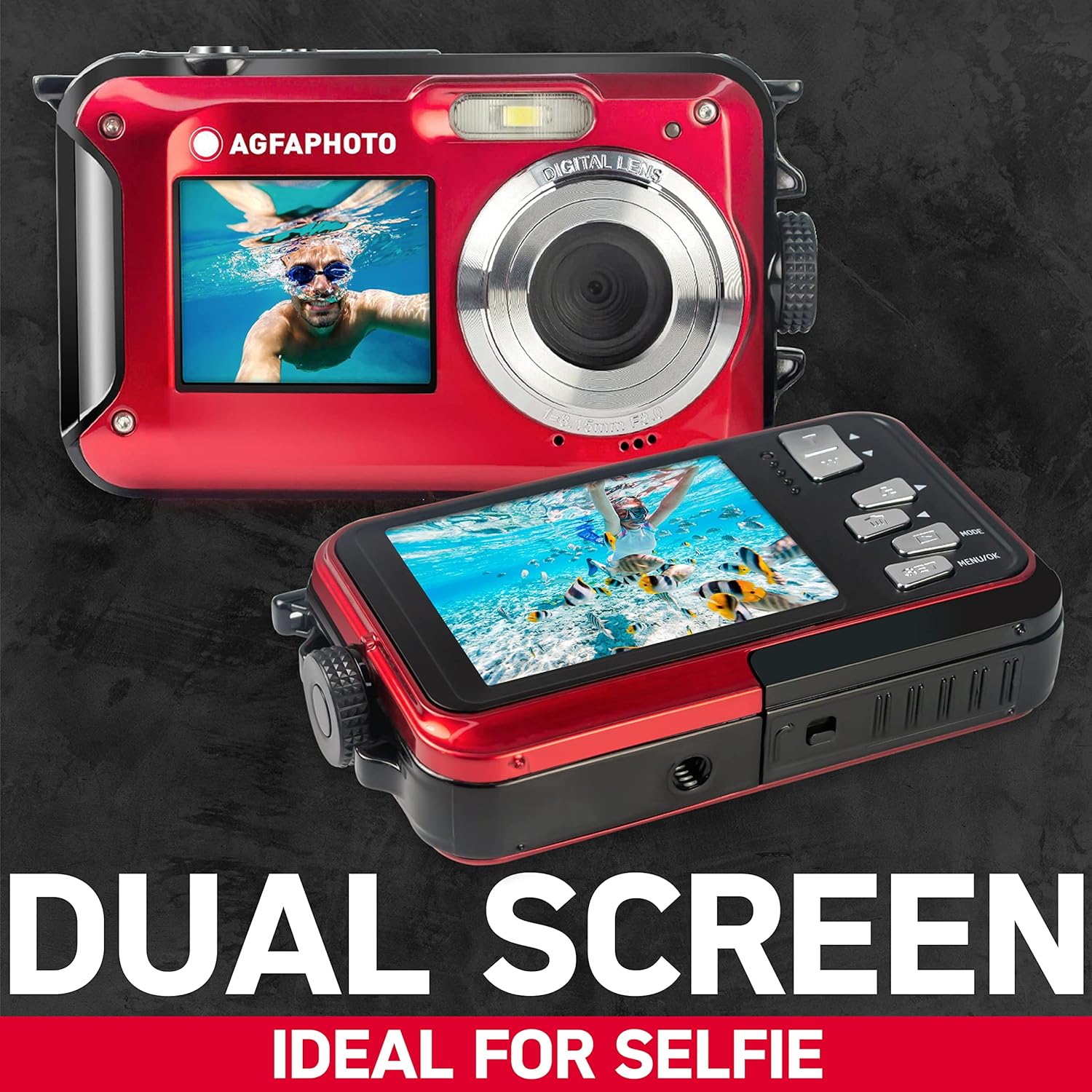 Agfa WP8000RD PHOTO Realishot WP8000 Waterproof Digital Camera, 24 MP, Full HD Video, Dual LCD Screen, 16x Digital Zoom, Digital Stabilizer, Lithium Battery, Red