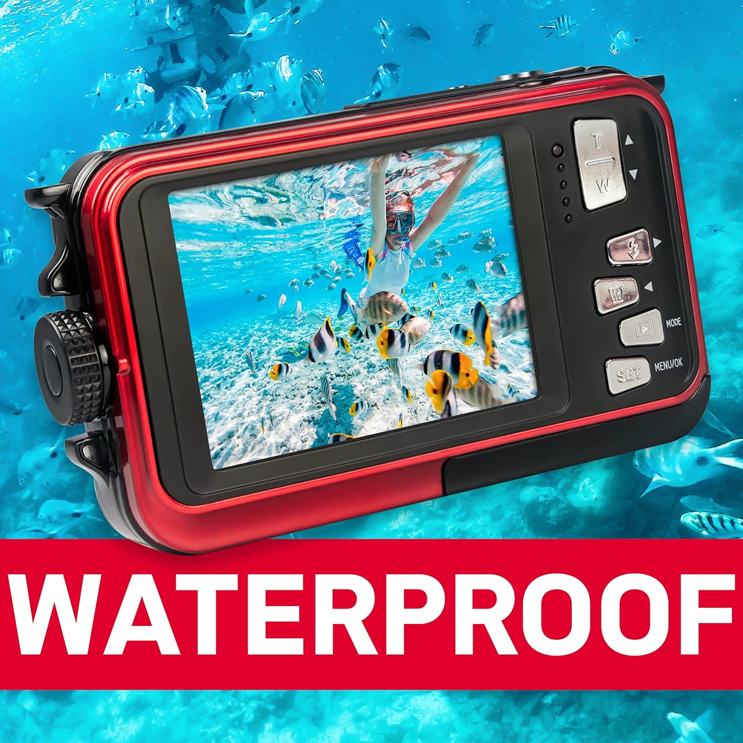 Agfa WP8000RD PHOTO Realishot WP8000 Waterproof Digital Camera, 24 MP, Full HD Video, Dual LCD Screen, 16x Digital Zoom, Digital Stabilizer, Lithium Battery, Red