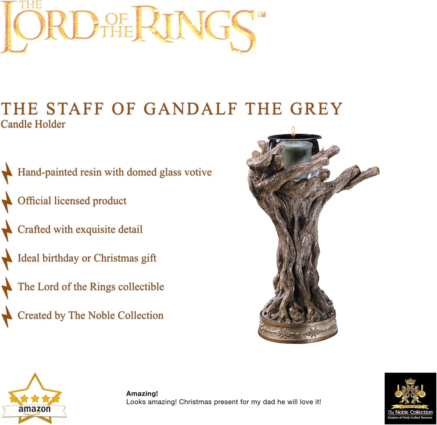 The Noble Collection The Lord of the Rings Staff of Gandalf the Grey Candle Holder - 9in (23cm) Hand-Painted Resin Votive - Officially Licensed Film Set Movie Props Gifts