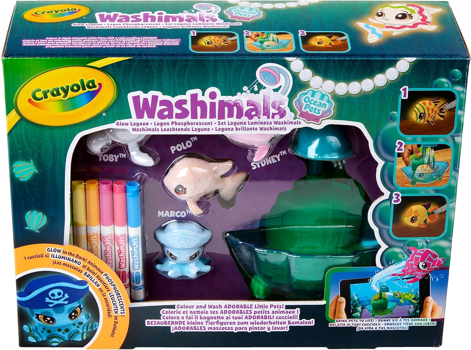 Crayola Washimals Pets - Set da gioco Ocean Glow Lagoon, colora i tuoi animali Washimal ancora e ancora, include 6 pennarelli lavabili, ideale per bambini dai 3 anni in su
