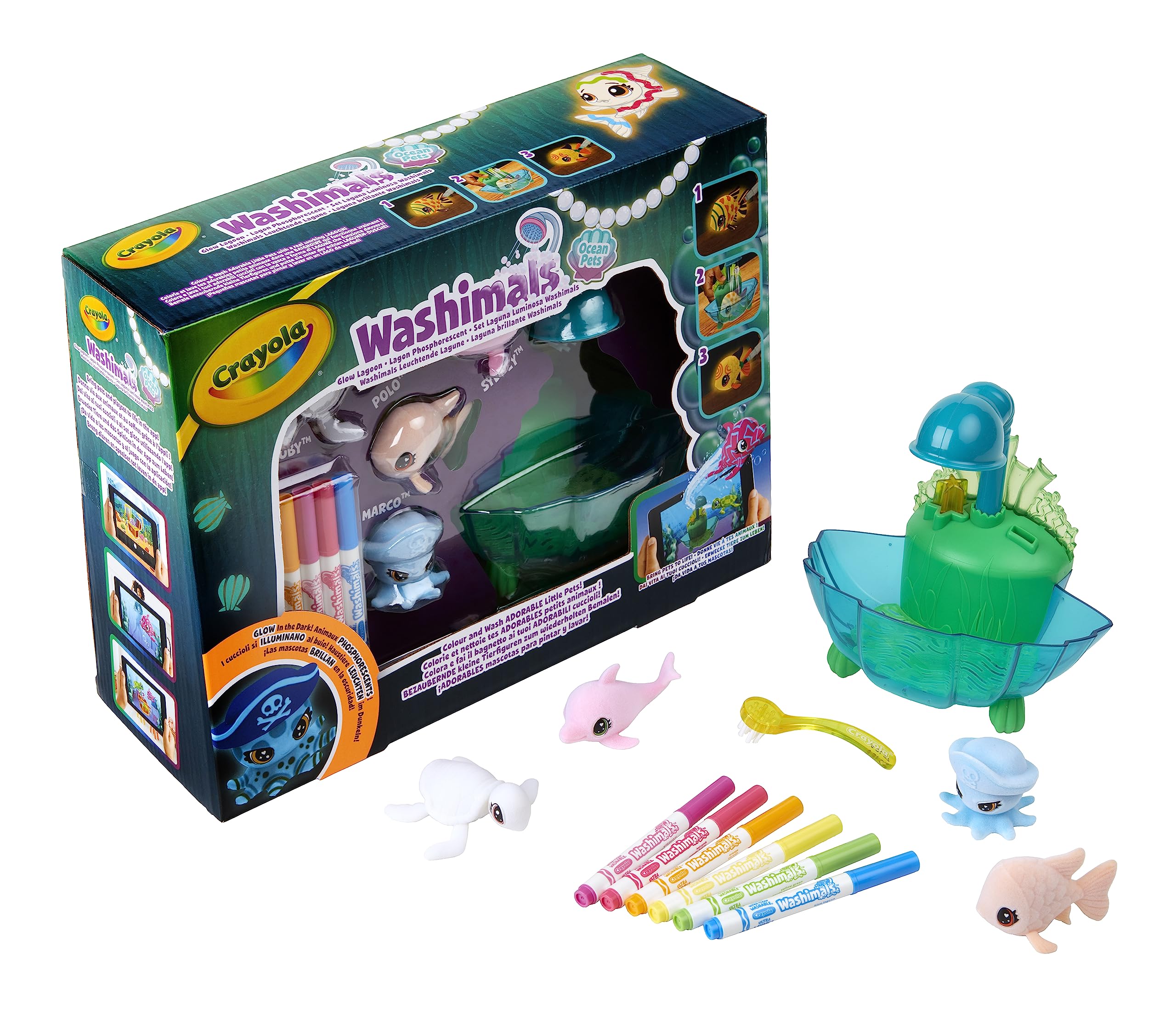 Crayola Washimals Pets - Set da gioco Ocean Glow Lagoon, colora i tuoi animali Washimal ancora e ancora, include 6 pennarelli lavabili, ideale per bambini dai 3 anni in su