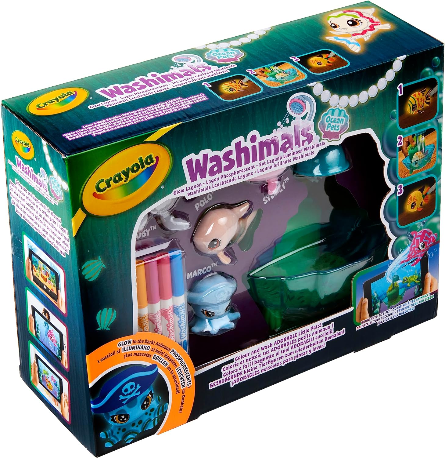 Crayola Washimals Pets - Set da gioco Ocean Glow Lagoon, colora i tuoi animali Washimal ancora e ancora, include 6 pennarelli lavabili, ideale per bambini dai 3 anni in su