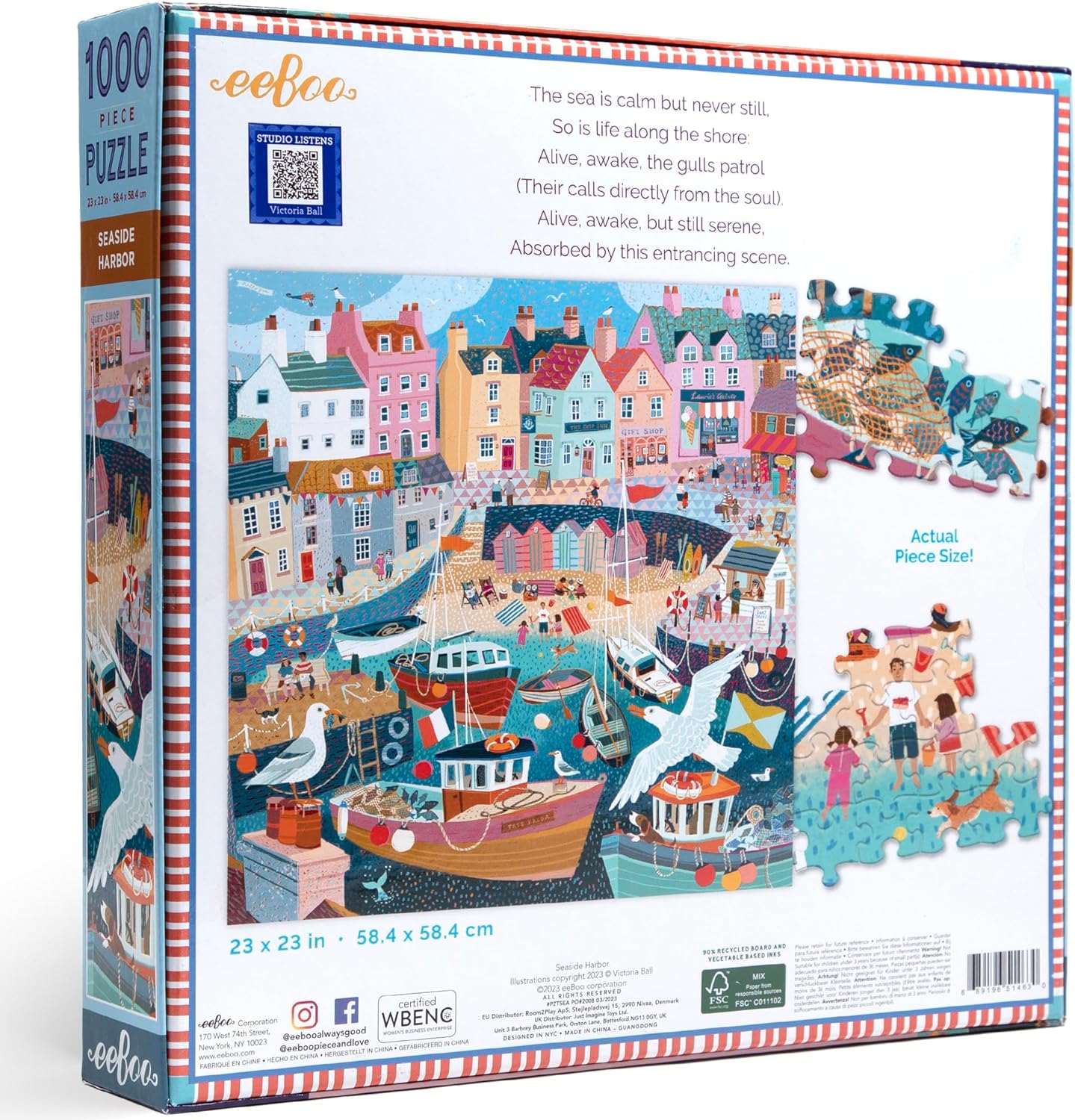 eeBoo Piece & Love: Seaside Harbor - Puzzel van 1000 stukjes - Vierkante puzzel voor volwassenen, 23x23, inclusief afbeeldingsreferentie-invoegsel, glanzende stukken