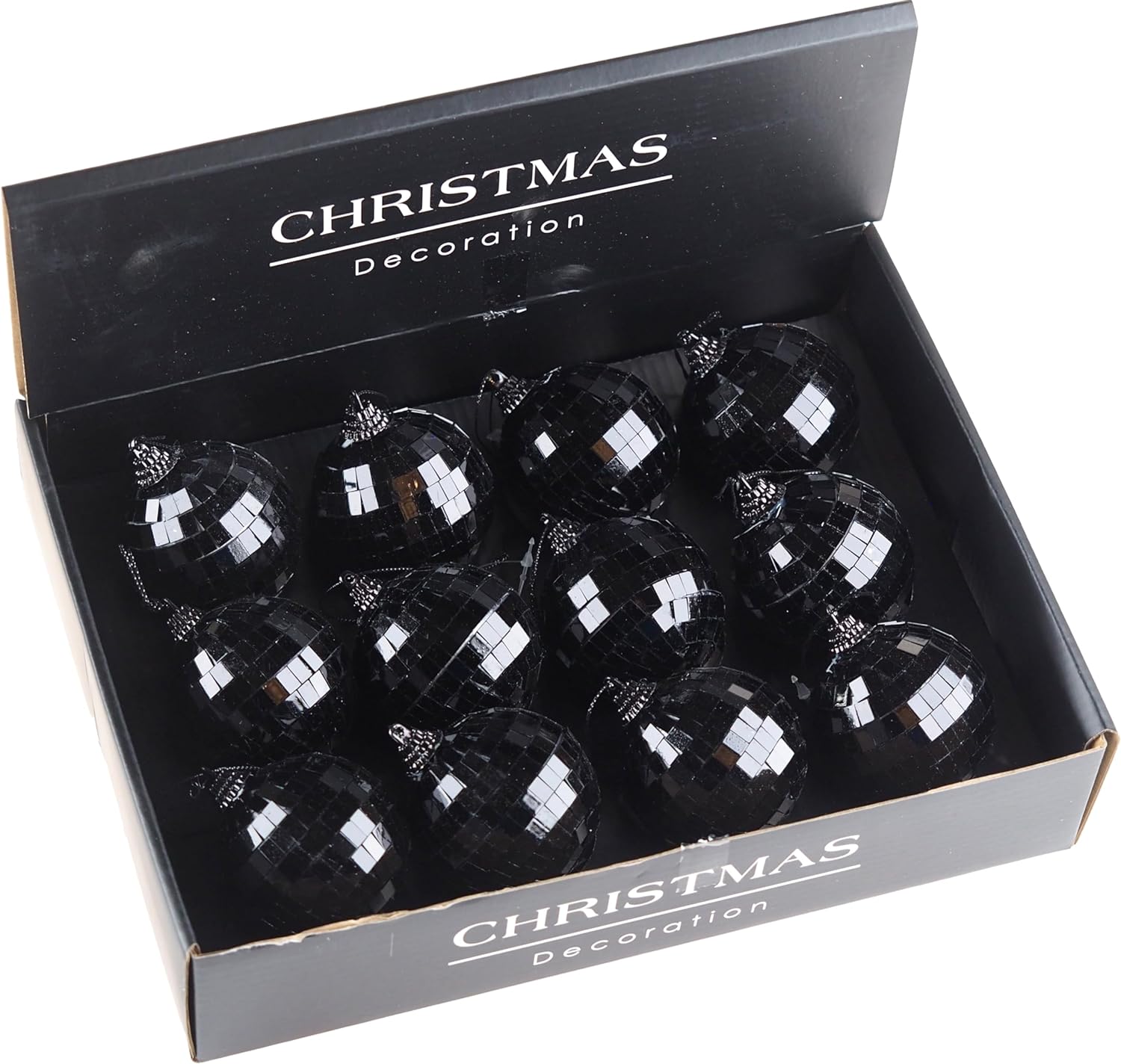 Jet Black Dazzle Shine Disco Ball Christmas Tree Baubles Decorations - Set of 12