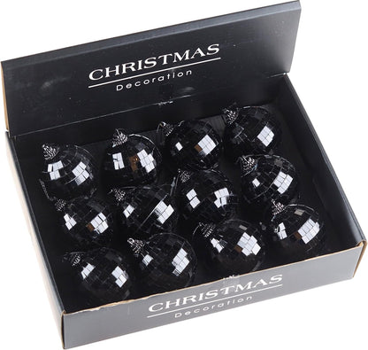 Jet Black Dazzle Shine Disco Ball Christmas Tree Baubles Decorations - Set of 12
