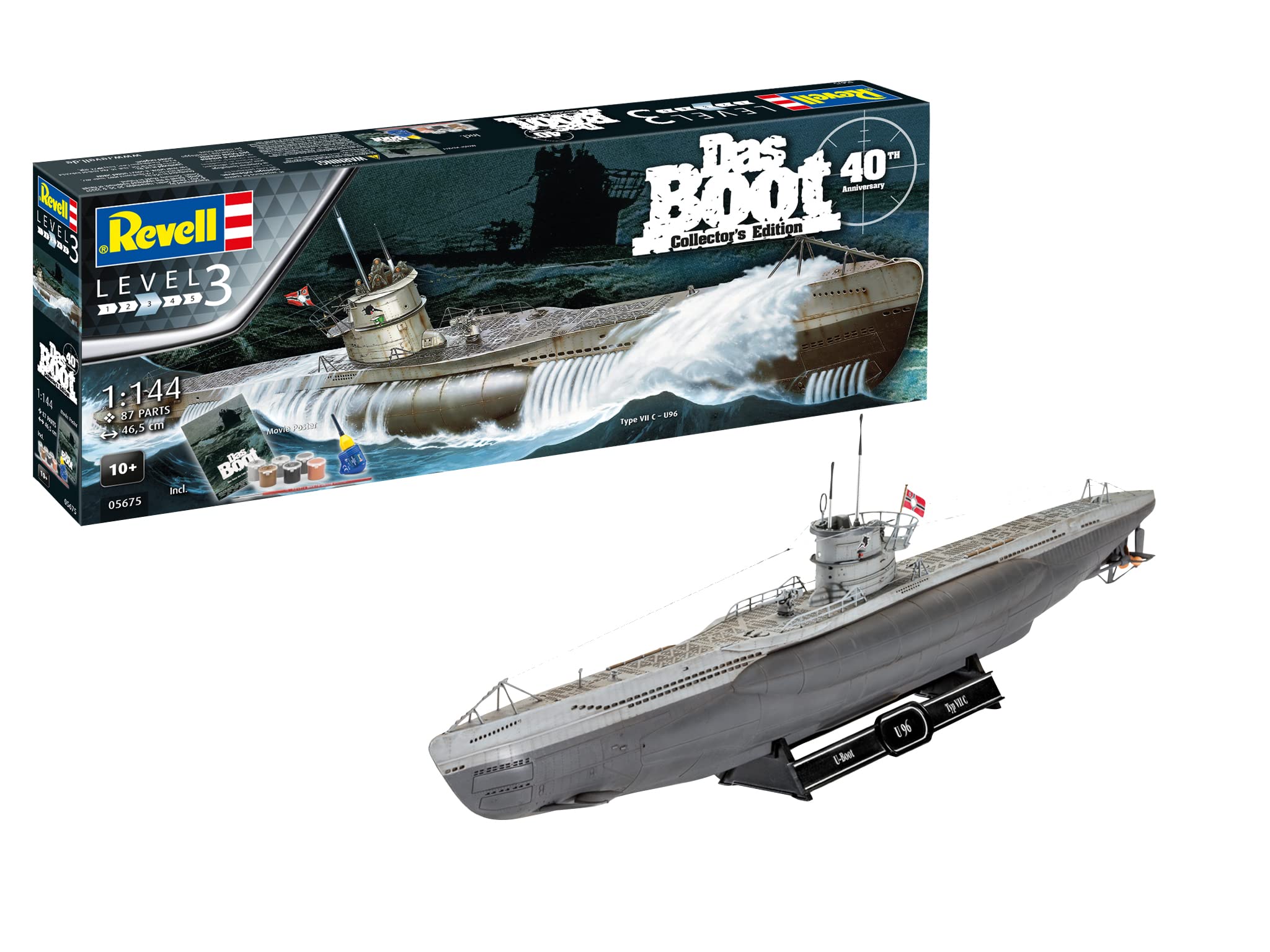 Revell-Revell-05675 Regalo Set Das BOOT-40 Aniversario, Escala 1:144, con Pinturas Base, Pegamento y brocha Other License Película Kit de Modelo de plástico, Color sin Pintar, Mittel (05675