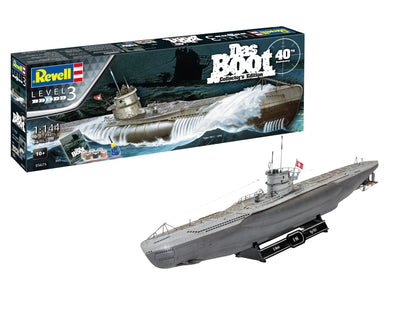 Revell-Revell-05675 Regalo Set Das BOOT-40 Aniversario, Escala 1:144, con Pinturas Base, Pegamento y brocha Other License Película Kit de Modelo de plástico, Color sin Pintar, Mittel (05675