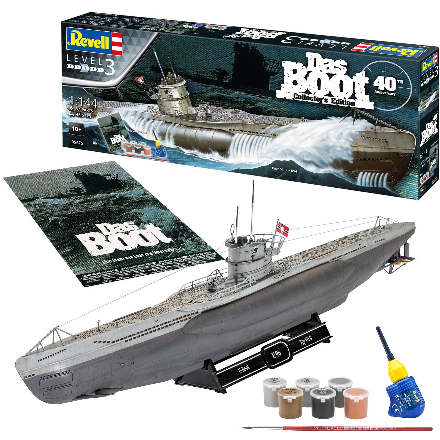 Revell-Revell-05675 Regalo Set Das BOOT-40 Aniversario, Escala 1:144, con Pinturas Base, Pegamento y brocha Other License Película Kit de Modelo de plástico, Color sin Pintar, Mittel (05675