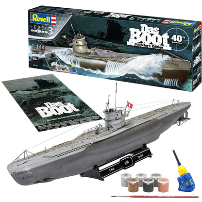 Revell-Revell-05675 Regalo Set Das BOOT-40 Aniversario, Escala 1:144, con Pinturas Base, Pegamento y brocha Other License Película Kit de Modelo de plástico, Color sin Pintar, Mittel (05675