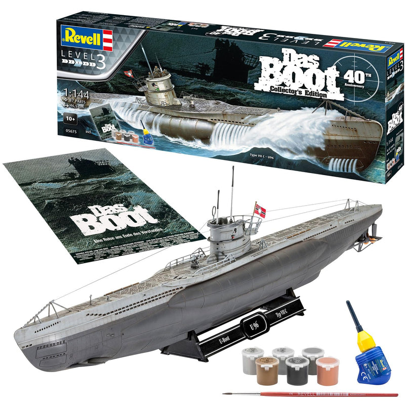Revell-Revell-05675 Regalo Set Das BOOT-40 Aniversario, Escala 1:144, con Pinturas Base, Pegamento y brocha Other License Película Kit de Modelo de plástico, Color sin Pintar, Mittel (05675