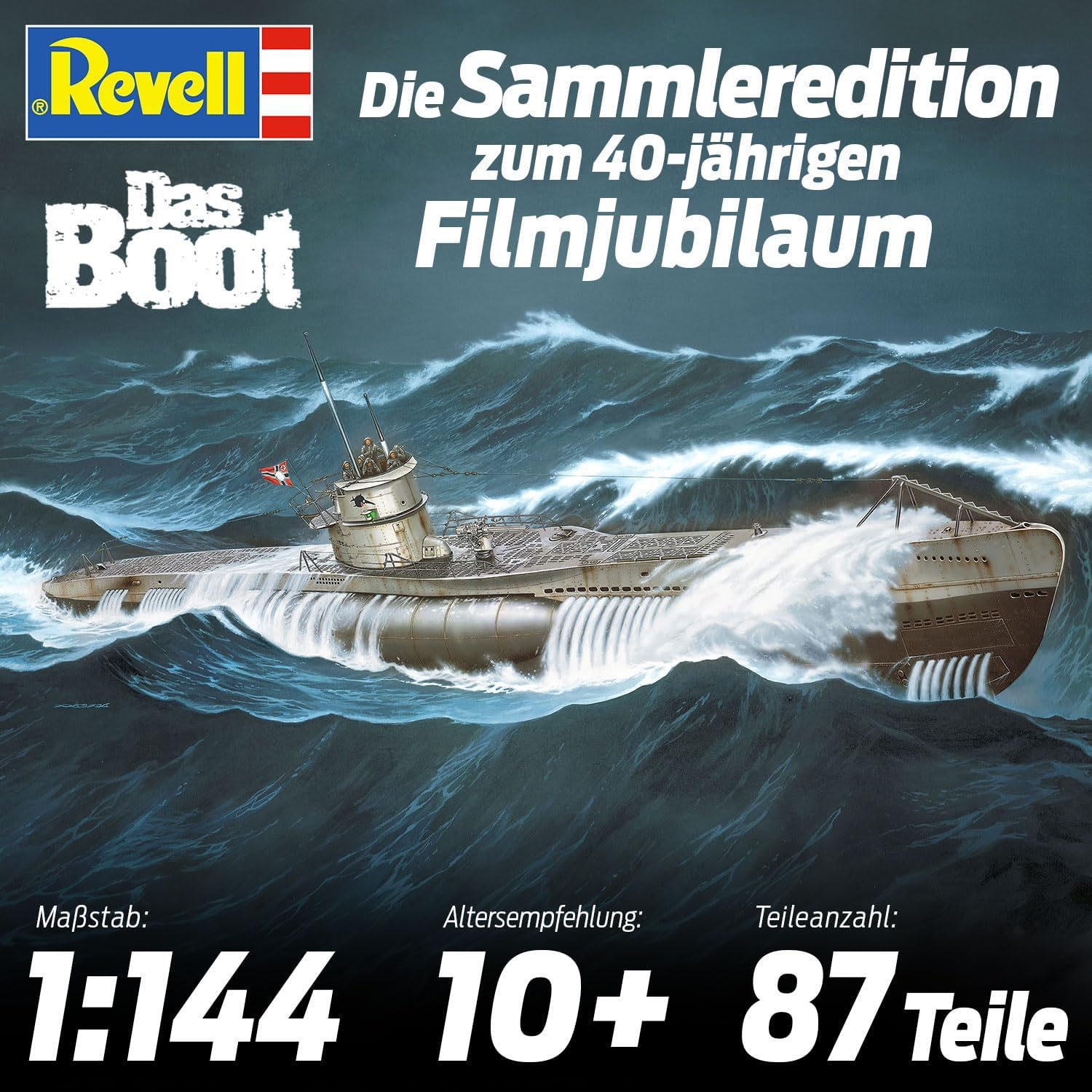 Revell-Revell-05675 Regalo Set Das BOOT-40 Aniversario, Escala 1:144, con Pinturas Base, Pegamento y brocha Other License Película Kit de Modelo de plástico, Color sin Pintar, Mittel (05675