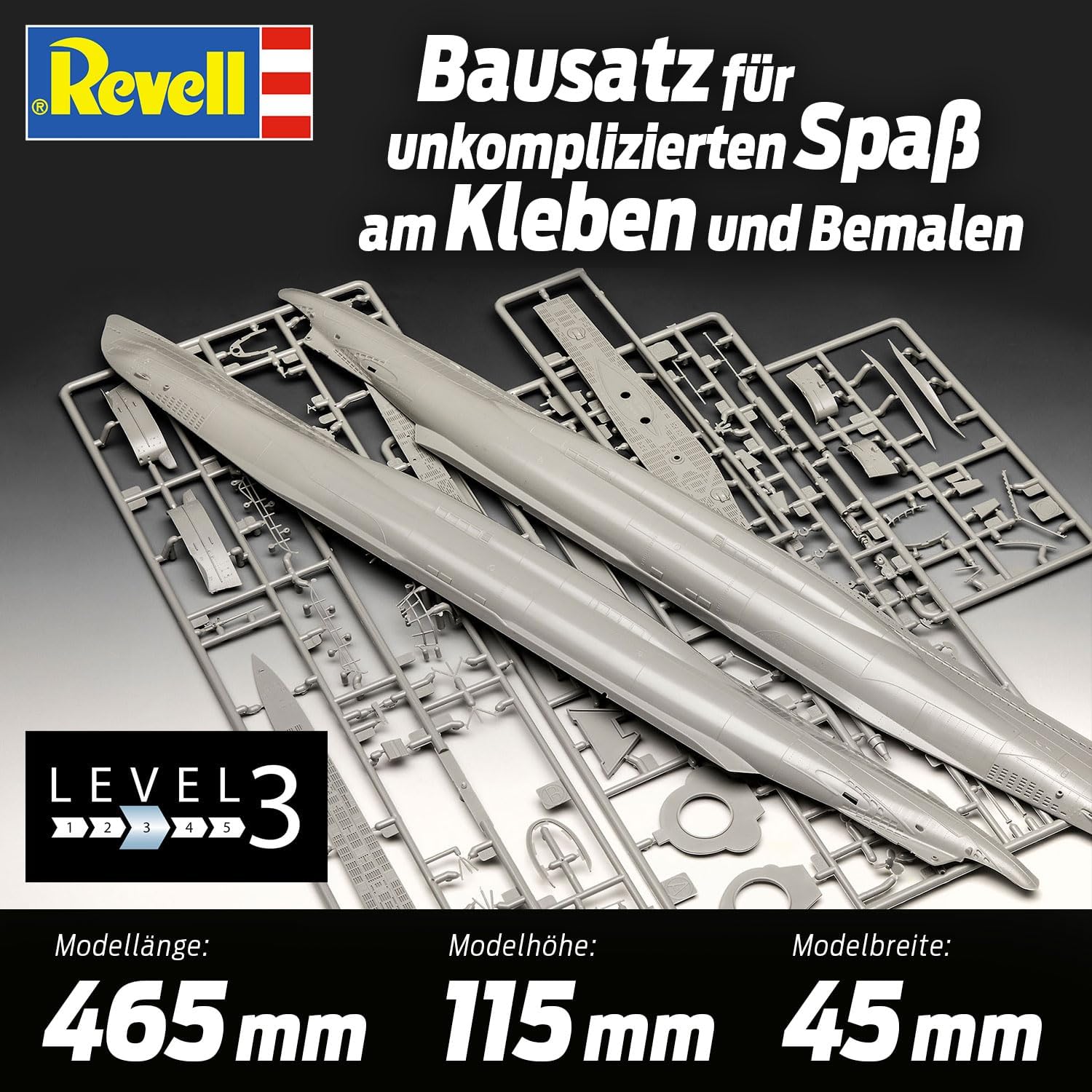 Revell-Revell-05675 Regalo Set Das BOOT-40 Aniversario, Escala 1:144, con Pinturas Base, Pegamento y brocha Other License Película Kit de Modelo de plástico, Color sin Pintar, Mittel (05675