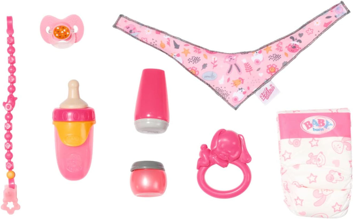 Baby Born Starter Set 832851 - Accesories Dolls for Toddlers - Includes Magic Eyes Dummy & Dummy Chain, Nappy, Ring Toy, Powder Bottle, Cream Tube, Bottle & Neckerchief