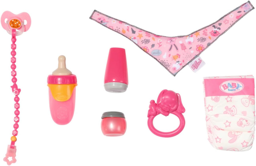 Baby Born Starter Set 832851 - Accesories Dolls for Toddlers - Includes Magic Eyes Dummy & Dummy Chain, Nappy, Ring Toy, Powder Bottle, Cream Tube, Bottle & Neckerchief