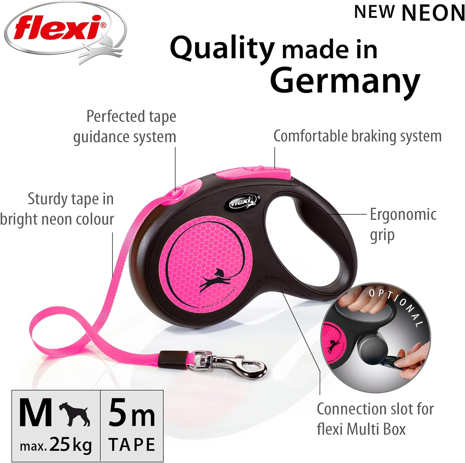 Flexi New Neon Tape Pink Medium 5m Retractable Dog Leash/Lead for dogs up to 25kgs/55lbs