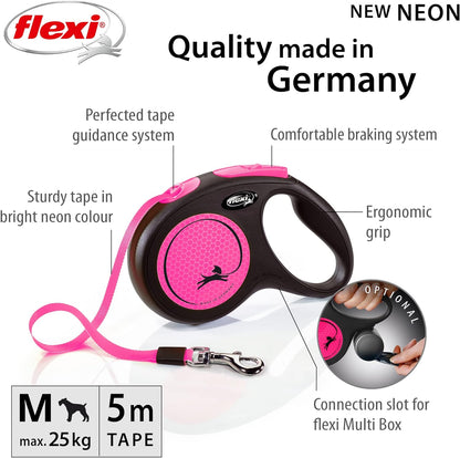 Flexi New Neon Tape Pink Medium 5m Retractable Dog Leash/Lead for dogs up to 25kgs/55lbs