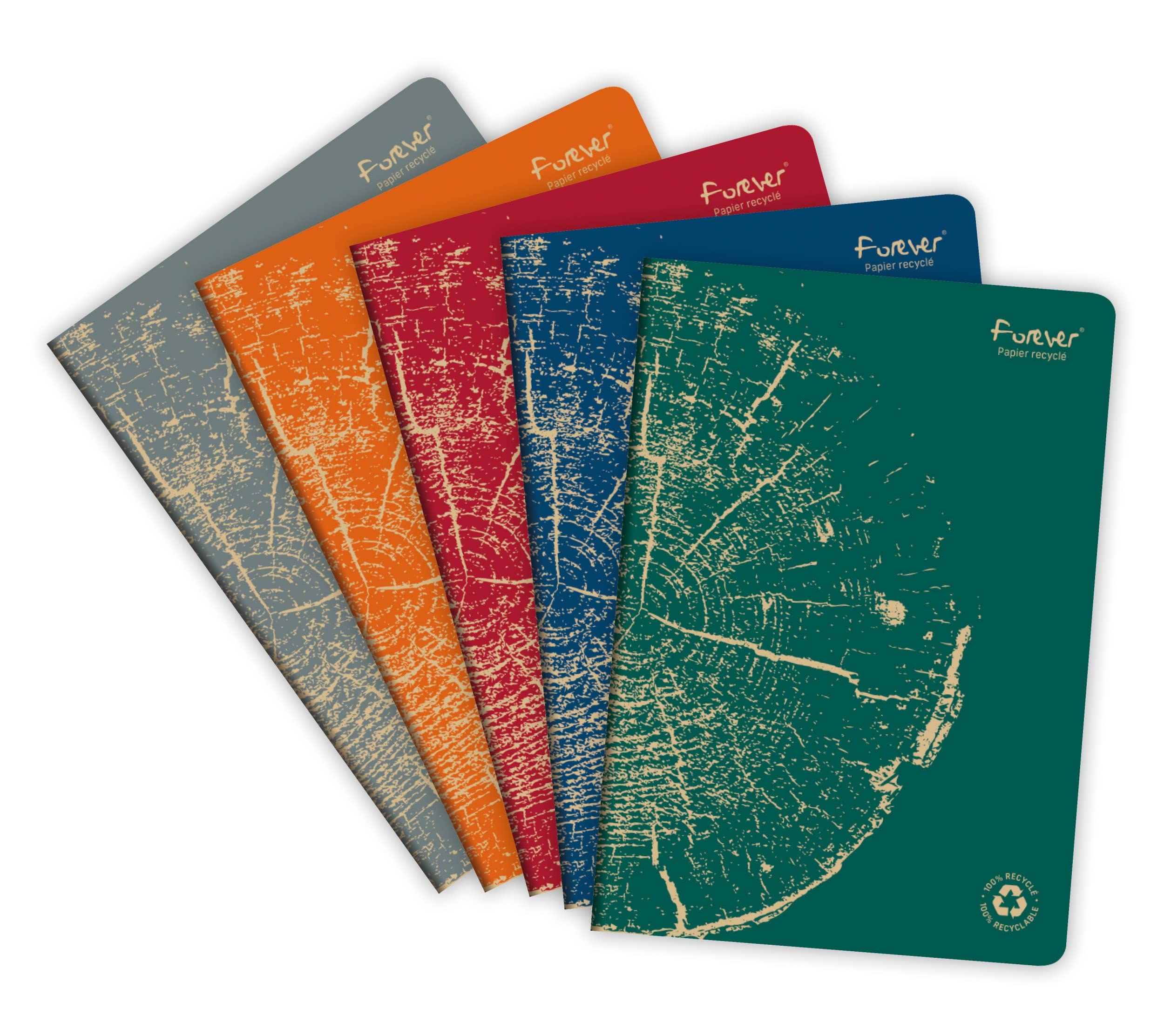 Clairefontaine 68466C - FOREVER premium cahier piqué 21x29,7cm 90g recyclé 96p ligné coloris assortis - PAQ de 5