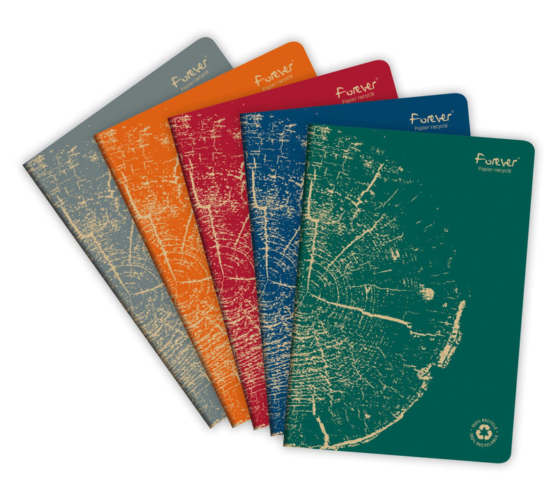 Clairefontaine 68466C - FOREVER premium cahier piqué 21x29,7cm 90g recyclé 96p ligné coloris assortis - PAQ de 5