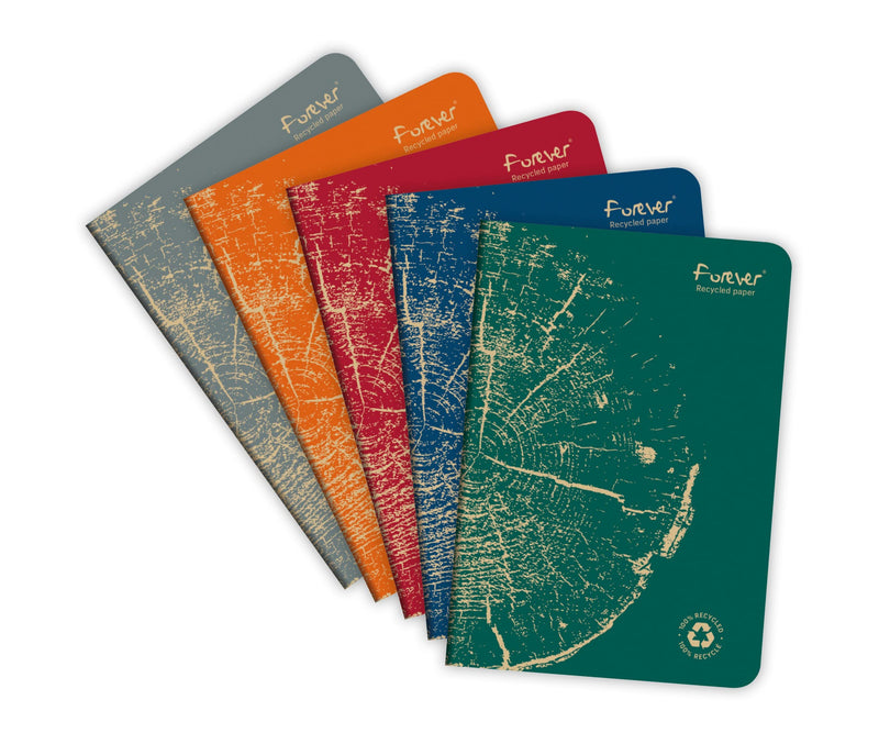 Clairefontaine 68486C - FOREVER premium carnet piqué 14,8x21cm 90g recyclé 96p ligné coloris assortis - PAQ de 5