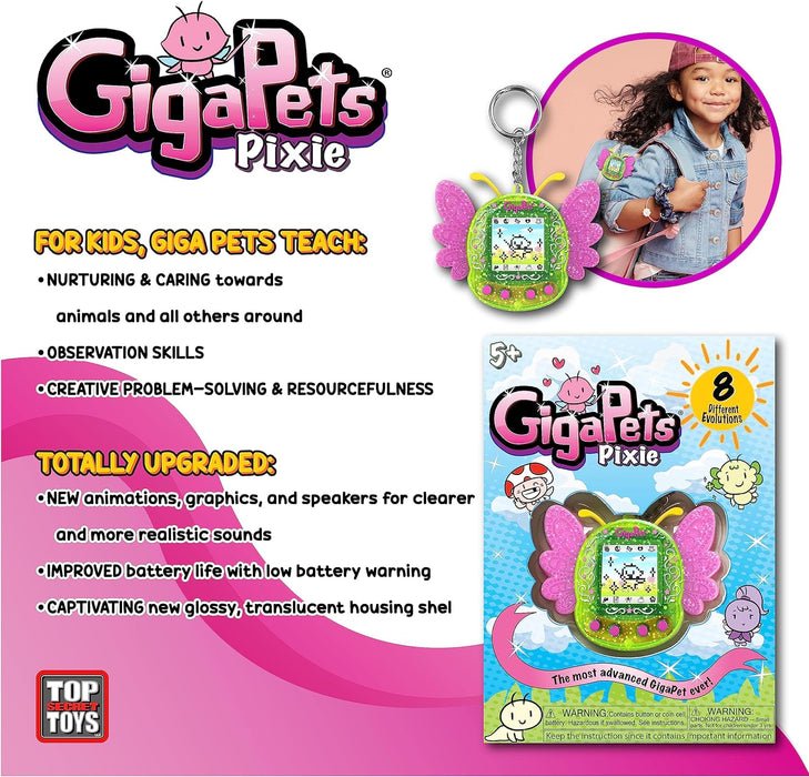 Top Secret Toys Giga Pets Pixie Virtual Pet Electronic Toy (Green), Upgraded Nostalgic 90s Toy, 8 Different Pixie Evolutions, Collect Elements, Cast Spells, Craft Potions, for Kids of All Ages