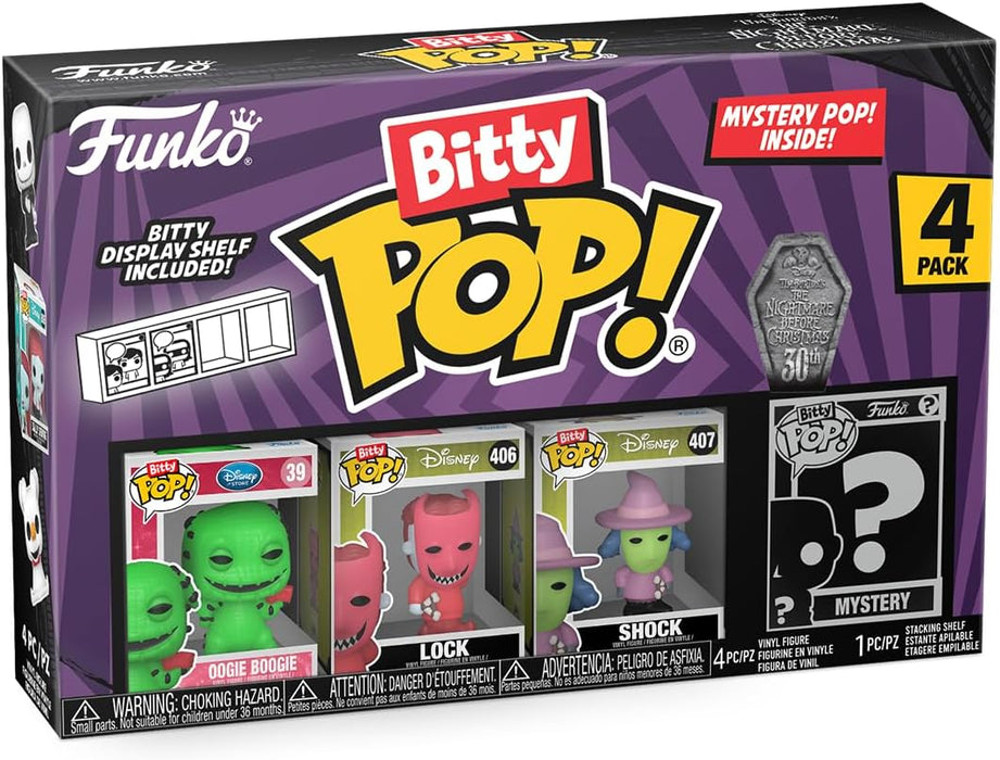 Funko Bitty Pop! the Nightmare Before Christmas - Oogie Boogie 4PK - Oogie Boogie, Lock, Shock and A Surprise Mystery Mini Figure - 0.9 Inch (2.2 Cm) Collectable - Stackable Display Shelf Included