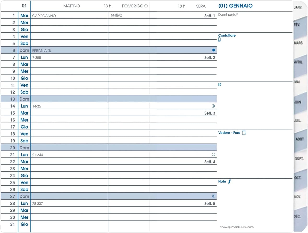 Quo Vadis 195036Q Agenda PLAIN Lingua italiana Anno 2025 Colore Nero Formato 10x15 cm Mensile 12 Mesi Gennaio-Dicembre Carta Bianca Copertina Amovibile in Plastica Impala