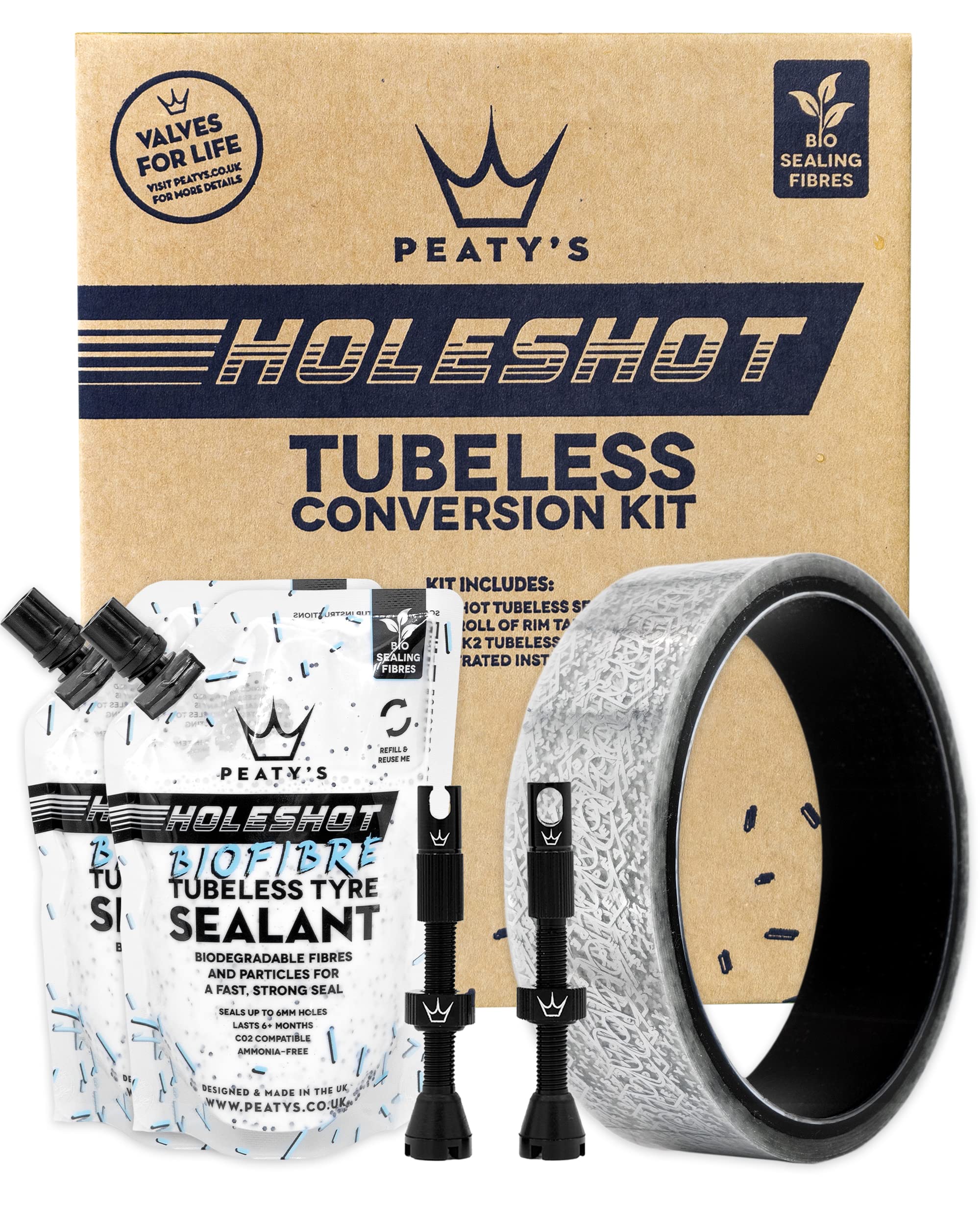 Peaty's Tubeless Wheel Conversion Kit - Enduro, DH, Gravel & Road Bike Kits - Includes: Tubeless Valves, Rim Tape & Biofibre Tyre Sealant Pouch - Premium Easy Step-By-Step First Time Setup Guide 25mm XC & Trail