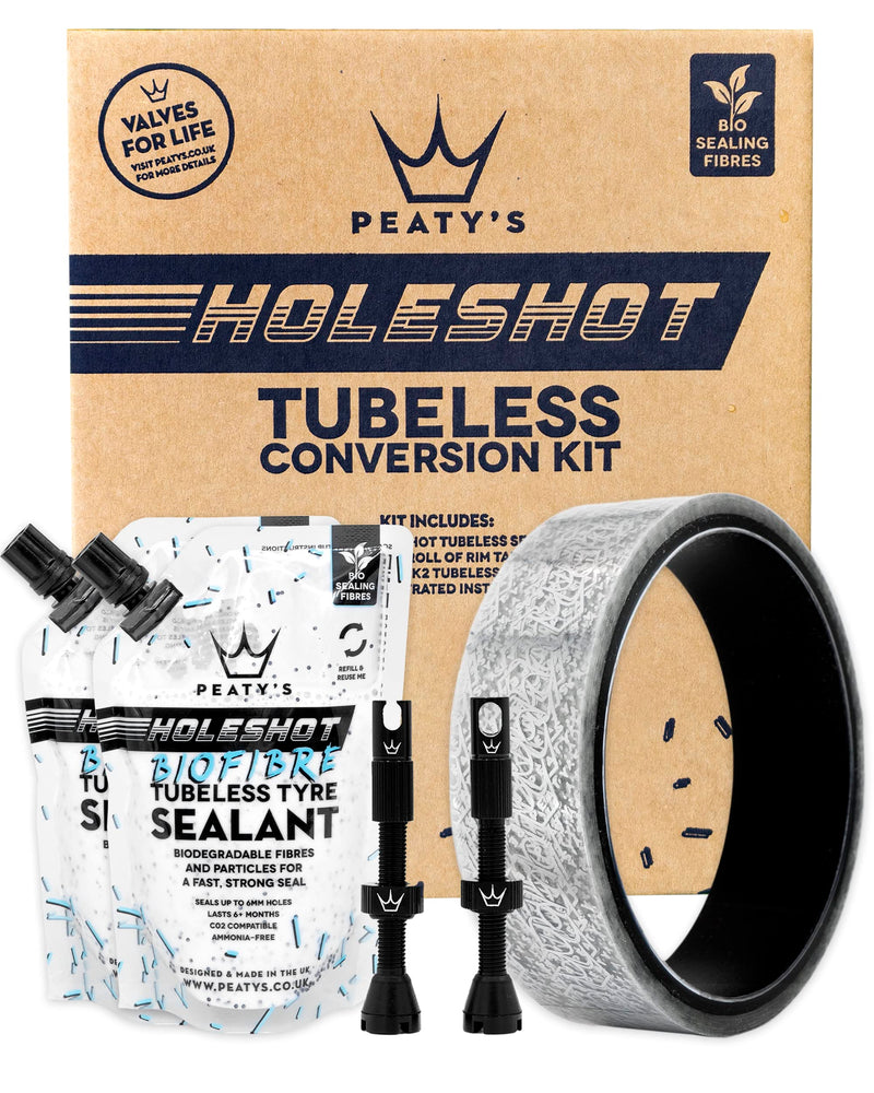 Peaty's Tubeless Wheel Conversion Kit - Enduro, DH, Gravel & Road Bike Kits - Includes: Tubeless Valves, Rim Tape & Biofibre Tyre Sealant Pouch - Premium Easy Step-By-Step First Time Setup Guide 25mm XC & Trail