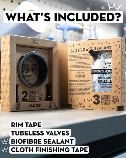 Peaty's Tubeless Wheel Conversion Kit - Enduro, DH, Gravel & Road Bike Kits - Includes: Tubeless Valves, Rim Tape & Biofibre Tyre Sealant Pouch - Premium Easy Step-By-Step First Time Setup Guide 25mm XC & Trail