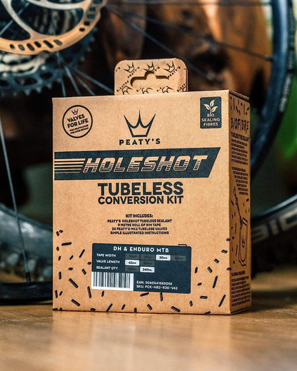 Peaty's Tubeless Wheel Conversion Kit - Enduro, DH, Gravel & Road Bike Kits - Includes: Tubeless Valves, Rim Tape & Biofibre Tyre Sealant Pouch - Premium Easy Step-By-Step First Time Setup Guide 25mm XC & Trail