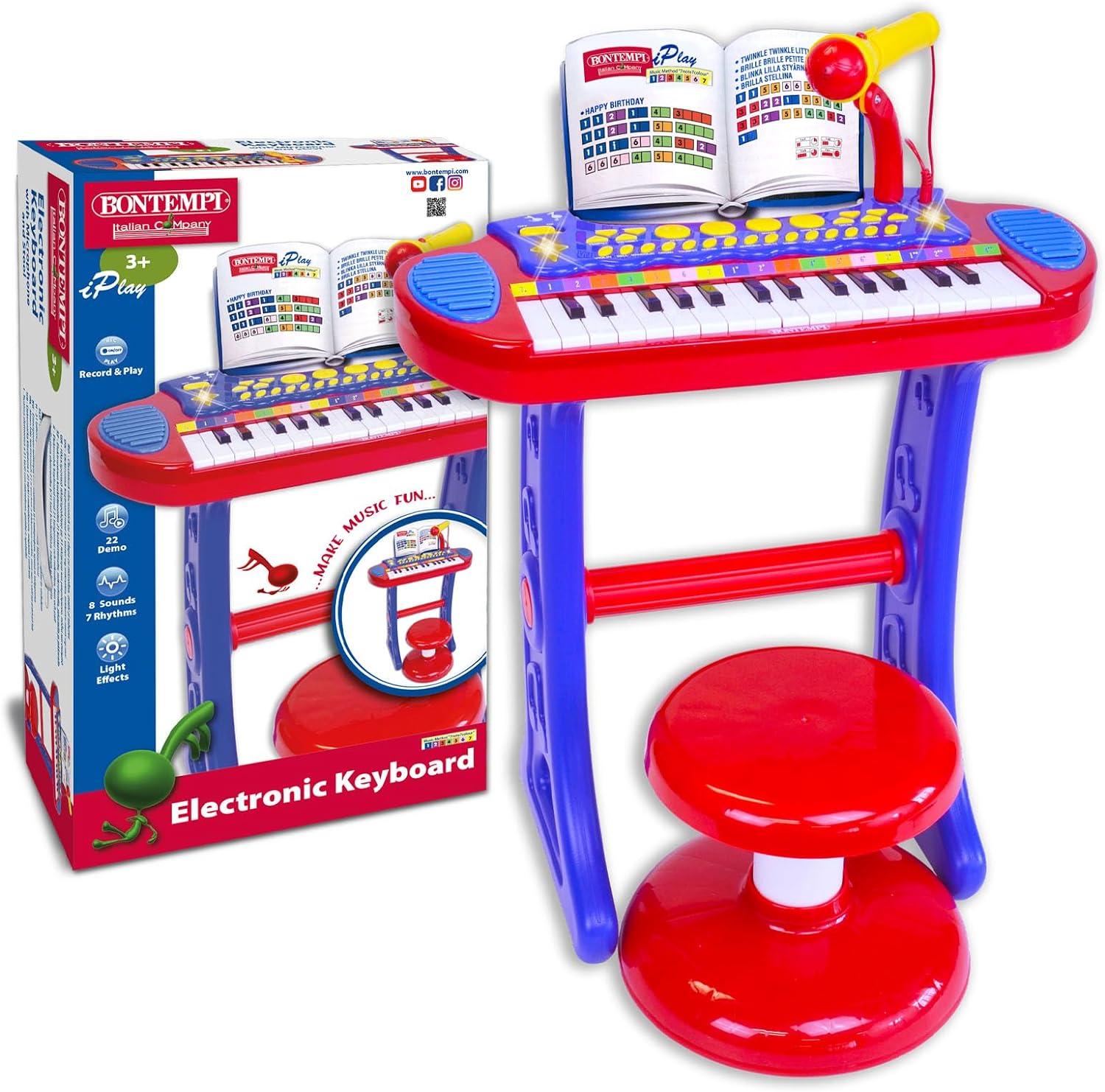 Bontempi- MiniMaestro-Tastiera Giocattolo Elettronica a 31 Tasti con Microfono e Accessori, 450x430x610 mm, Colore Rosso, 13 3240