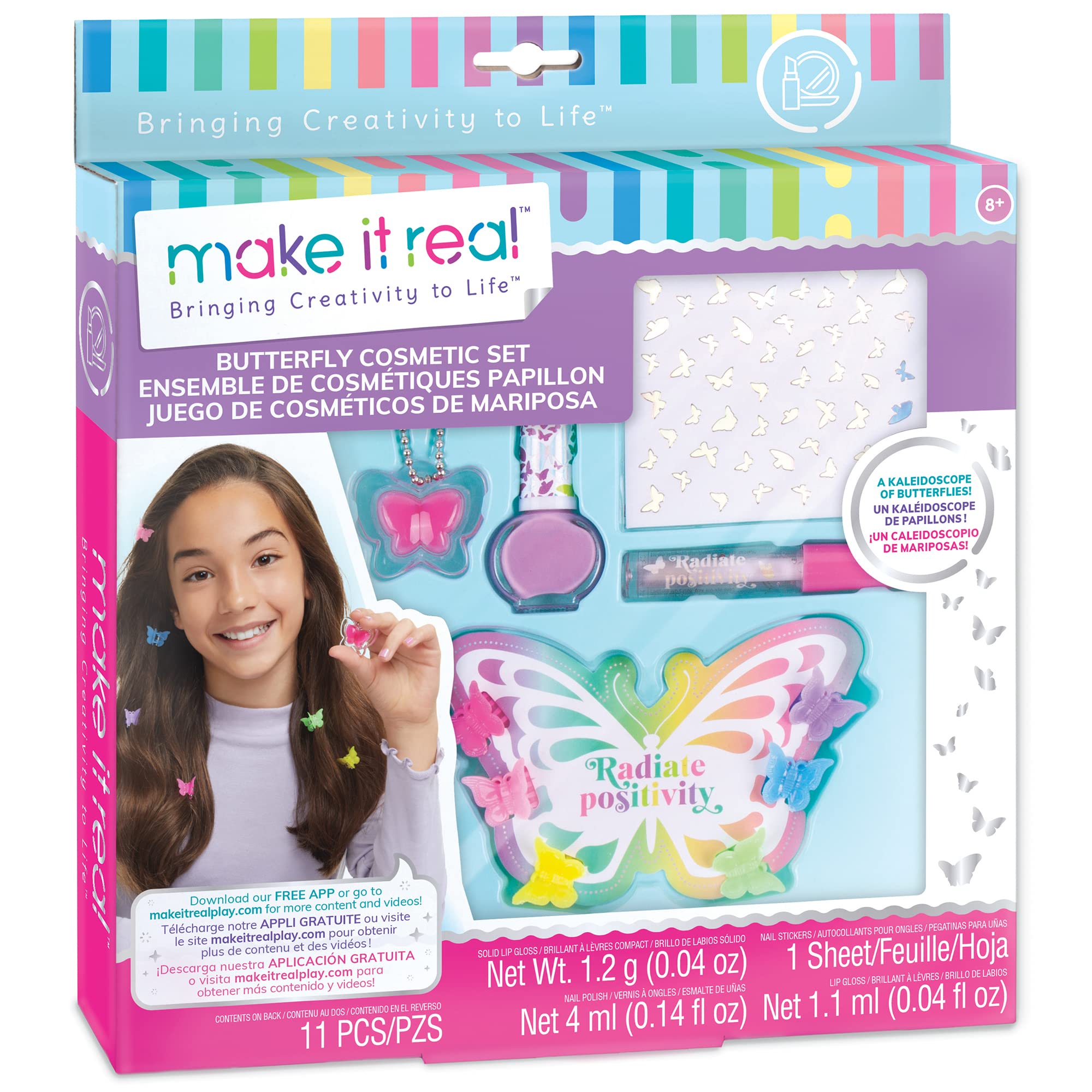 Make It Real: Butterfly Dreams Cosmetic Set - 11 Pieces, Tweens & Girls, Includes 6 Butterfly Hair Clips, Polish, Nail Stickers, 2 Lip Gloss & Instructions, Butterflies, Makeup & Beauty, Kids Ages 8+