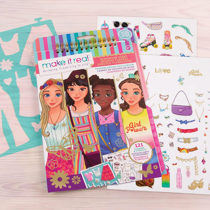 Make It Real Love and Daisy Inspired Fashion Design Sketchbook with Stencils and Stickers for Creativity - Kids Arts and Crafts Colouring Book - Girls Gifts