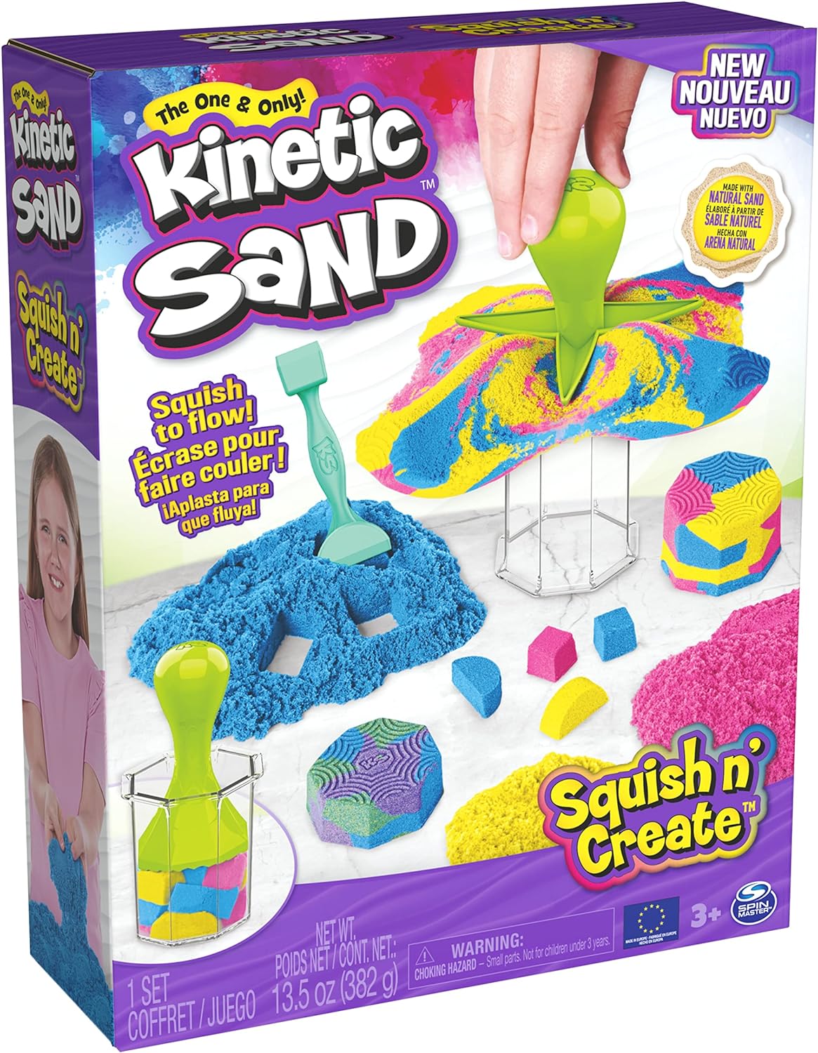 Kinetic Sand, Squish N’ Create with 382g of Blue, Yellow and Pink Play Sand, 5 Tools, Sensory Toys for Kids Aged 3 and Up