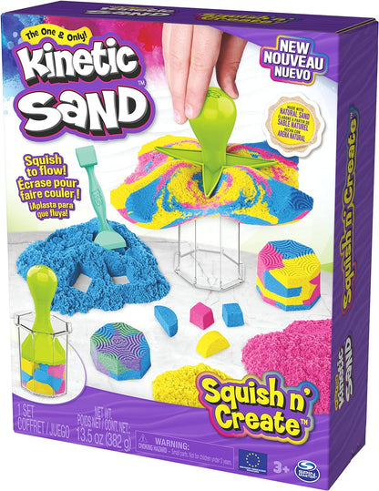 Kinetic Sand, Squish N’ Create with 382g of Blue, Yellow and Pink Play Sand, 5 Tools, Sensory Toys for Kids Aged 3 and Up