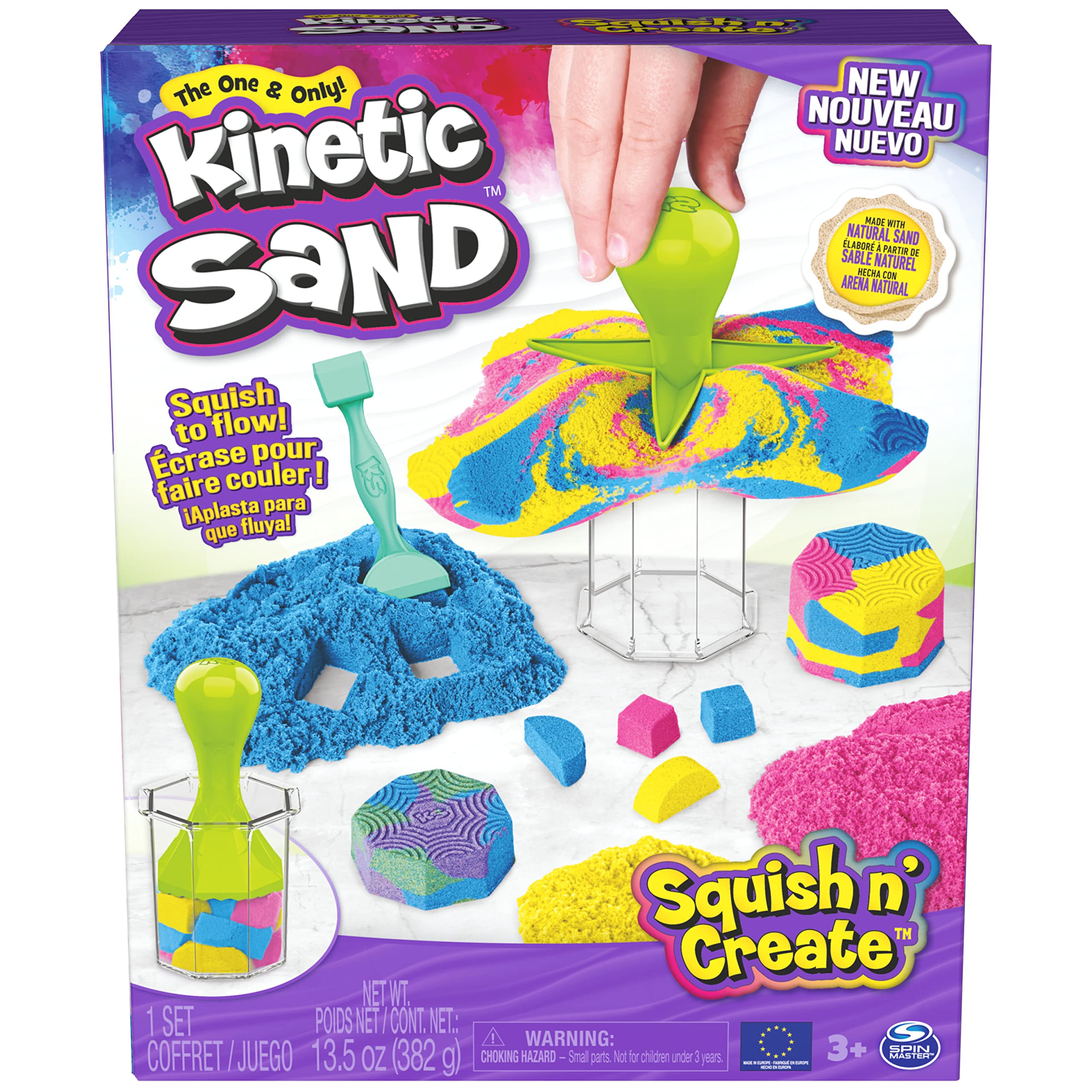 Kinetic Sand, Squish N’ Create with 382g of Blue, Yellow and Pink Play Sand, 5 Tools, Sensory Toys for Kids Aged 3 and Up