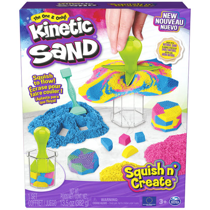 Kinetic Sand, Squish N’ Create with 382g of Blue, Yellow and Pink Play Sand, 5 Tools, Sensory Toys for Kids Aged 3 and Up