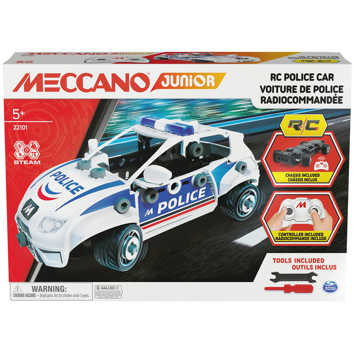 MECCANO Junior, RC Police Car with Working Boot and Real Tools, Toy Model Building Kit, STEM Toys for Kids Aged 5 and up