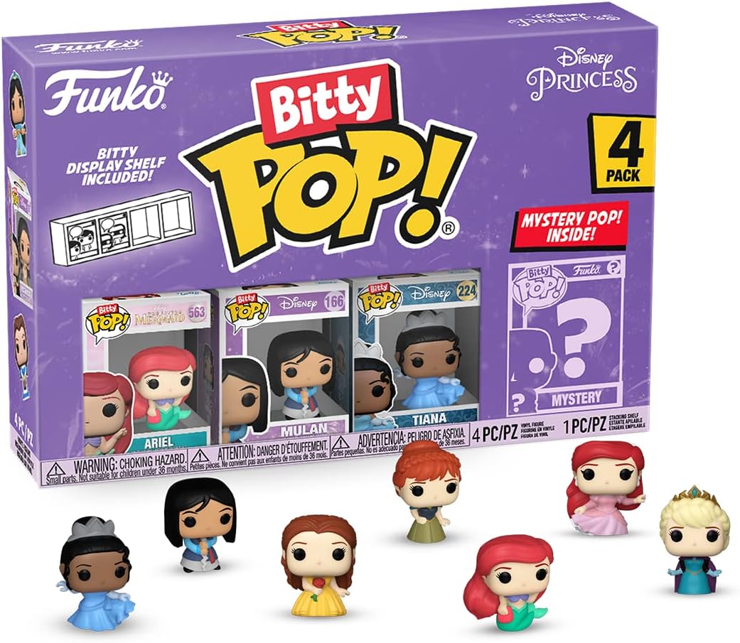 Funko Bitty POP! Disney Princess - Ariel, Mulan, Tiana and A Surprise Mystery Mini Figure - 0.9 Inch (2.2 Cm) Collectable - Stackable Display Shelf Included - Gift Idea - Party Bags Stocking
