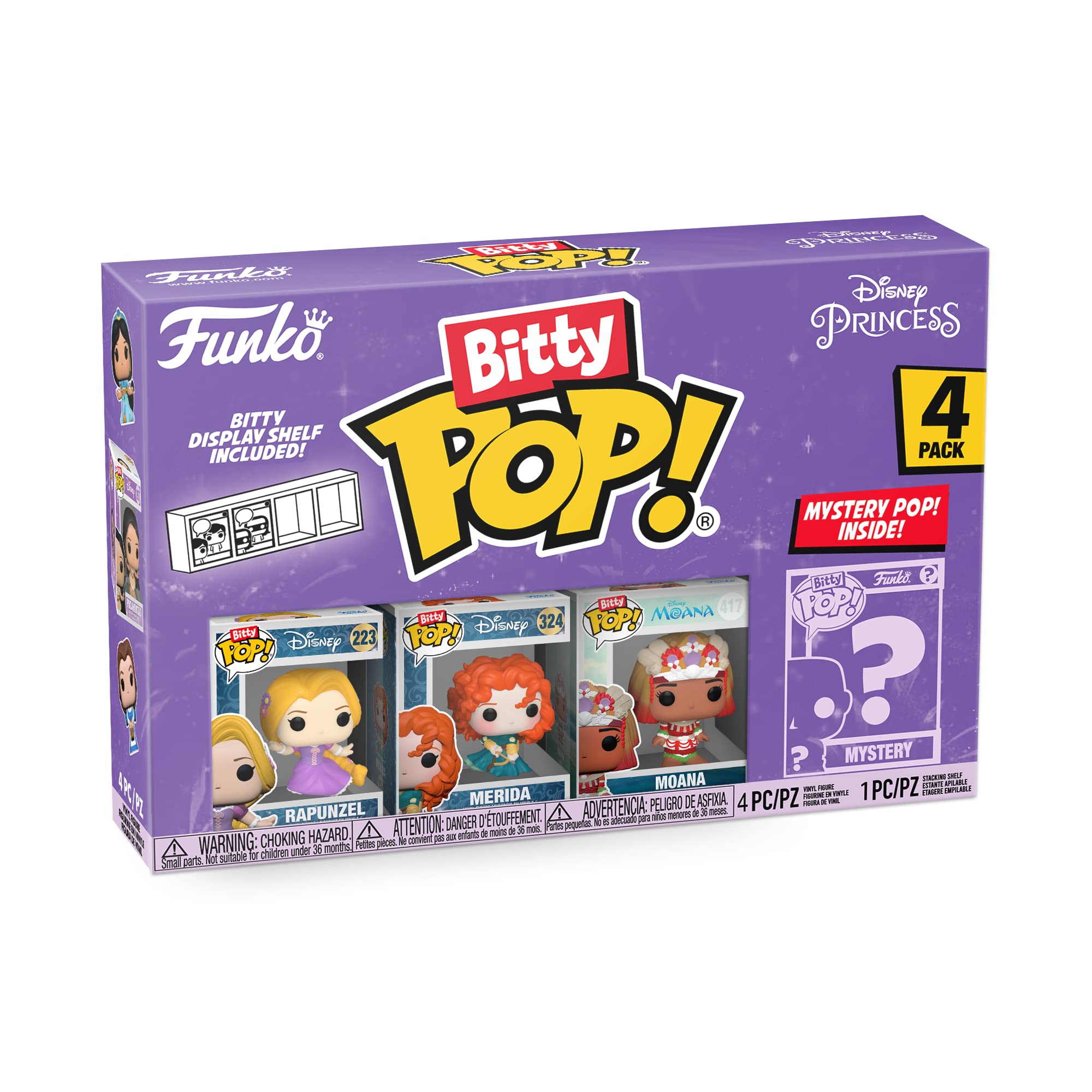 Funko Bitty POP! Disney Princess - Rapunzel, Merida, Moana and A Surprise Mystery Mini Figure - 0.9 Inch (2.2 Cm) Collectable - Stackable Display Shelf Included - Gift Idea - Party Bags Stocking