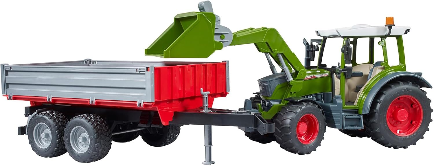 Bruder Fendt Vario 211 met voorlader en kiep trailer