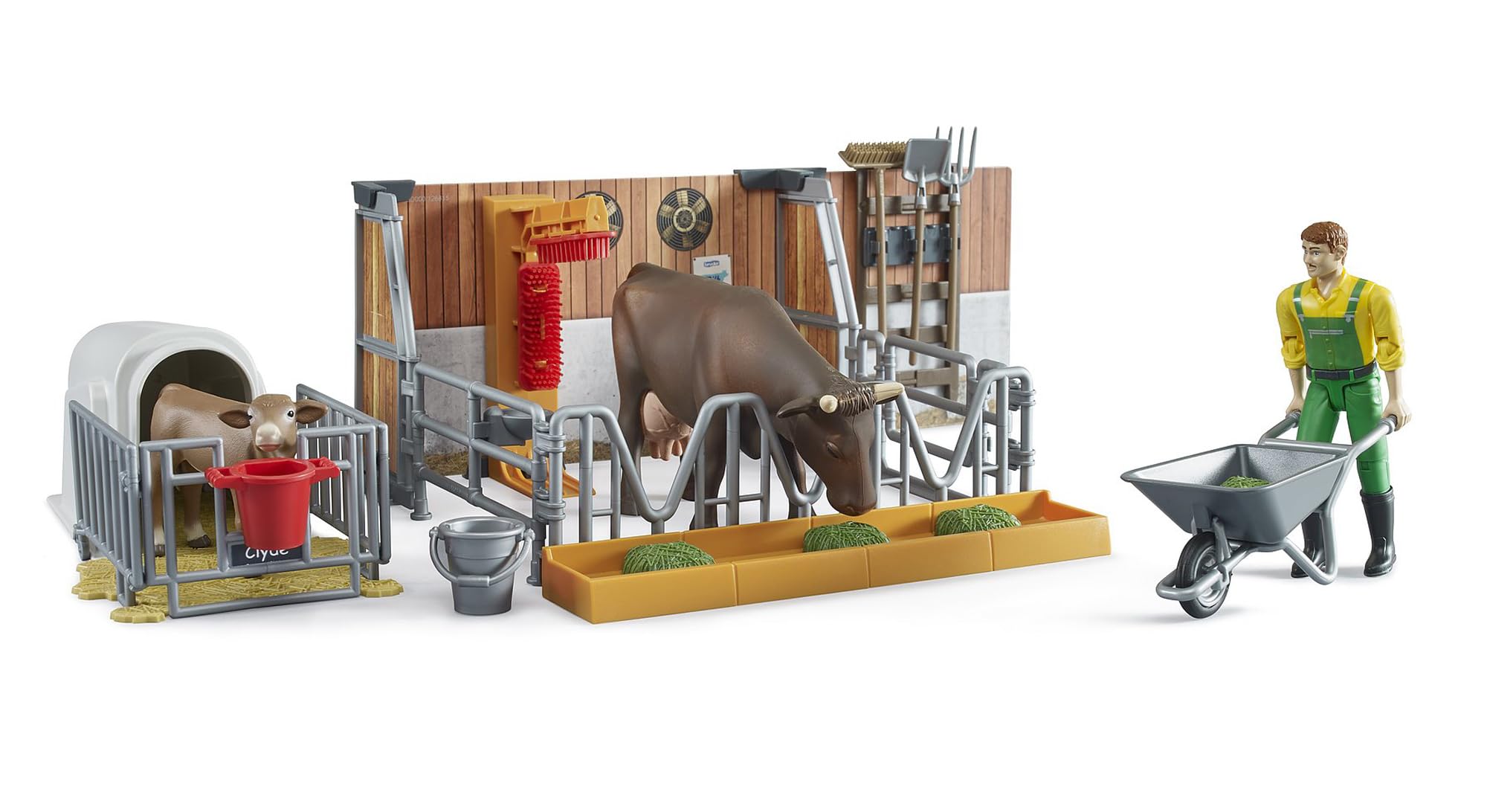 bruder Tiere 62611 – Bworld Cow and Calf Hutch with Farmer & Accessories – 1:16 Agriculture Farm Stable Bull Animals Toy, Multicoloured