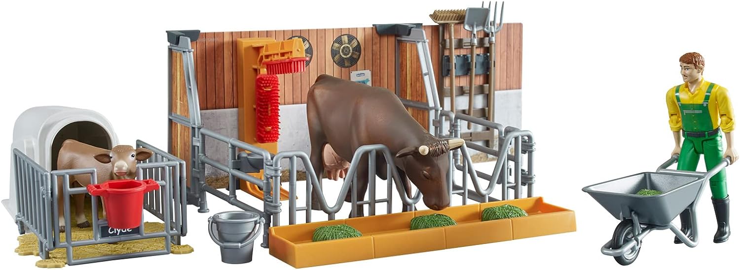 bruder Tiere 62611 – Bworld Cow and Calf Hutch with Farmer & Accessories – 1:16 Agriculture Farm Stable Bull Animals Toy, Multicoloured