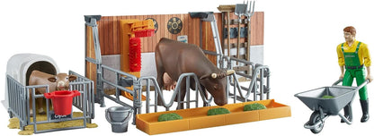bruder Tiere 62611 – Bworld Cow and Calf Hutch with Farmer & Accessories – 1:16 Agriculture Farm Stable Bull Animals Toy, Multicoloured