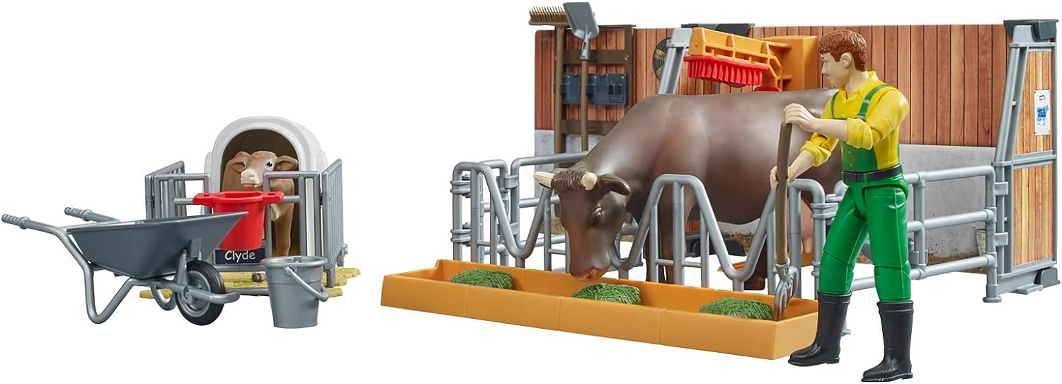 bruder Tiere 62611 – Bworld Cow and Calf Hutch with Farmer & Accessories – 1:16 Agriculture Farm Stable Bull Animals Toy, Multicoloured